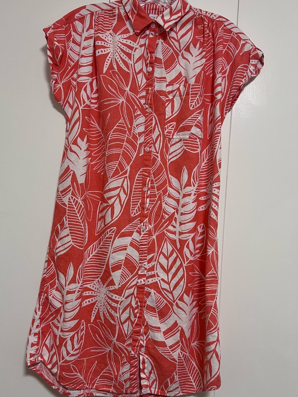 Old Navy Women's Button Front Shift Shirt Dress Linen Blend Coral Palm Print